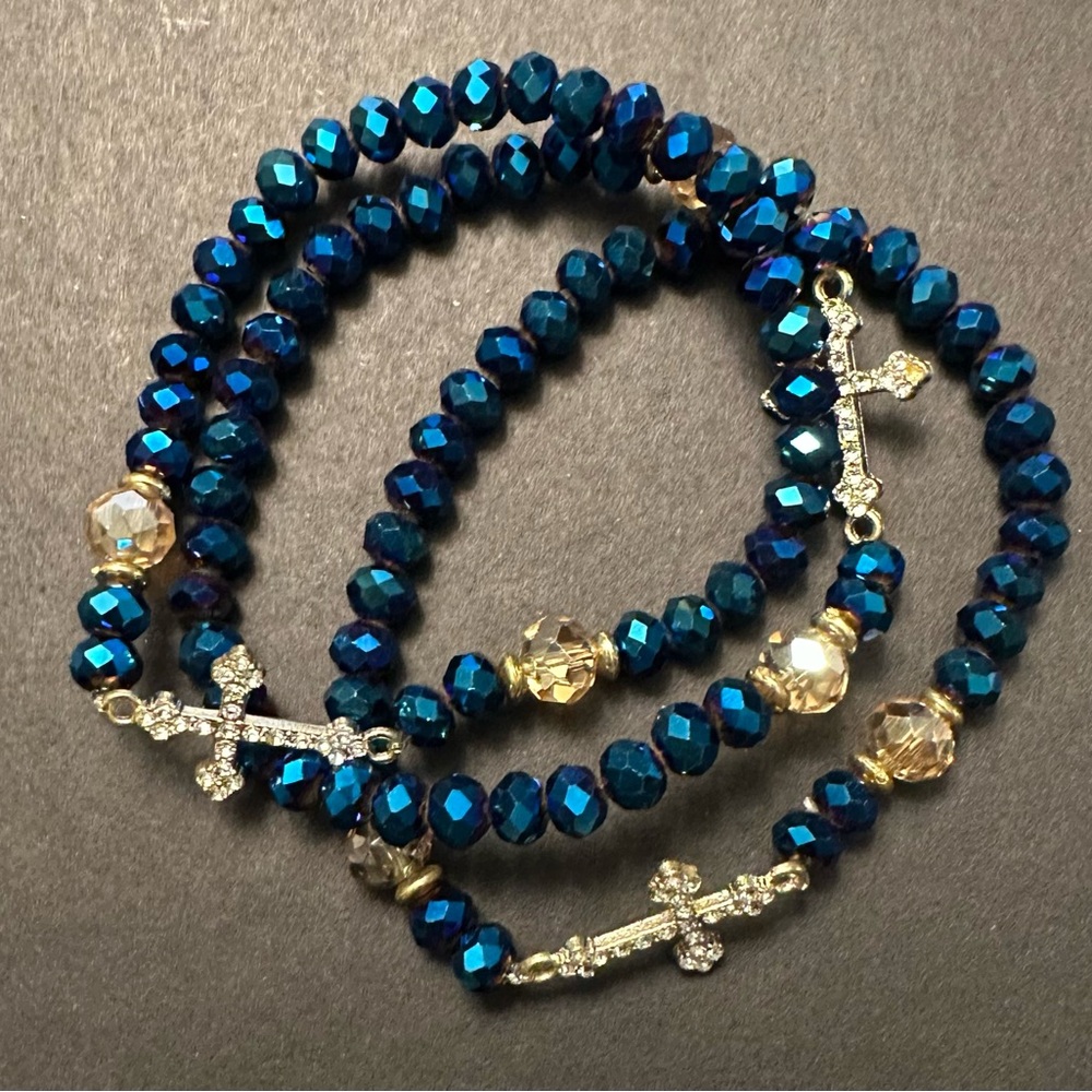 (3) Elegant Blue and Gold Beaded Bracelet Set with Cross